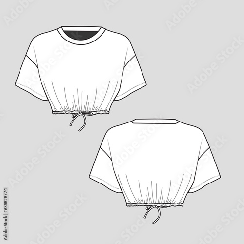 Crop top knotted  elastic tunnel draw string hem gathering detail hem drop shoulder crew neck tie knot  top t shirt blouse  fashion flat sketch drawing template design vector