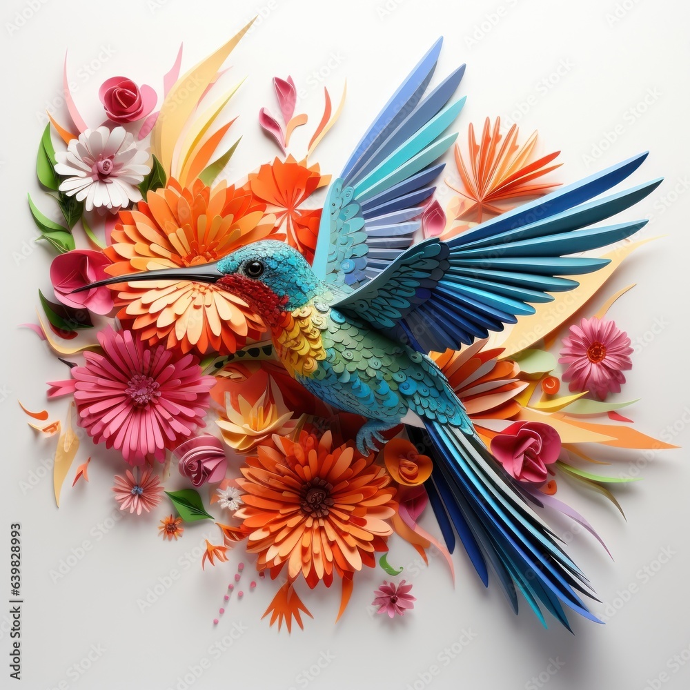 Obraz premium A radiant hummingbird, crafted with shimmering origami paper, hovering near a cluster of tropical blooms