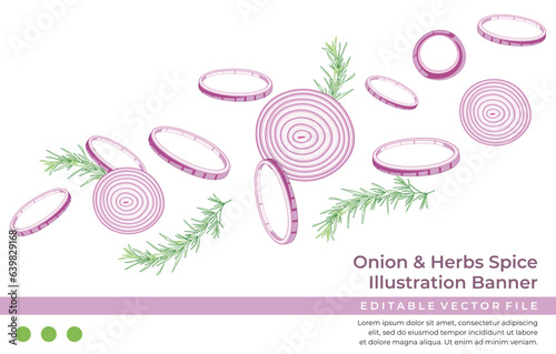 Onion with rosemary herbs vegetable vector banner and spice banner for website design, editable illustration on white background vector file.