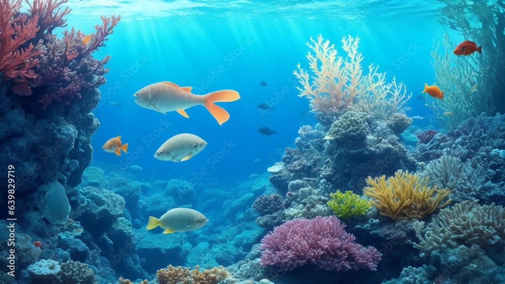 Fototapeta premium Underwater Scene With Coral Reef And Tropical Fishes, Background 