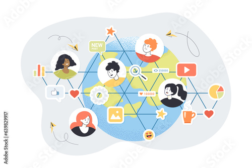 Social media users and engagements scheme vector illustration. Cartoon drawing of globe, influencers and like, share, statistics symbols. Social media, network, communication, community concept
