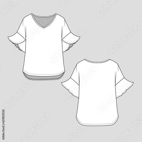 Ruffle bell sleeve top  drop shoulder V neck layer criss cross  ruffles  sleeve dip hem detail t shirt  blouse  cad flat sketch technical drawing  template design vector