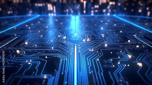 Technology circuit board background illuminated by blue light. generative AI .