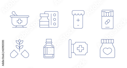 Pharmacy icons. Editable stroke. Containing mortar, antidepressant, online pharmacy, pill, syrup, pharmacy, jar.