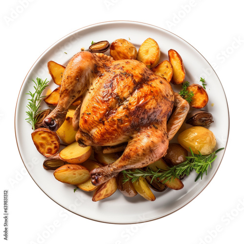 roasted chicken with potatoes and vegetables on white background. 