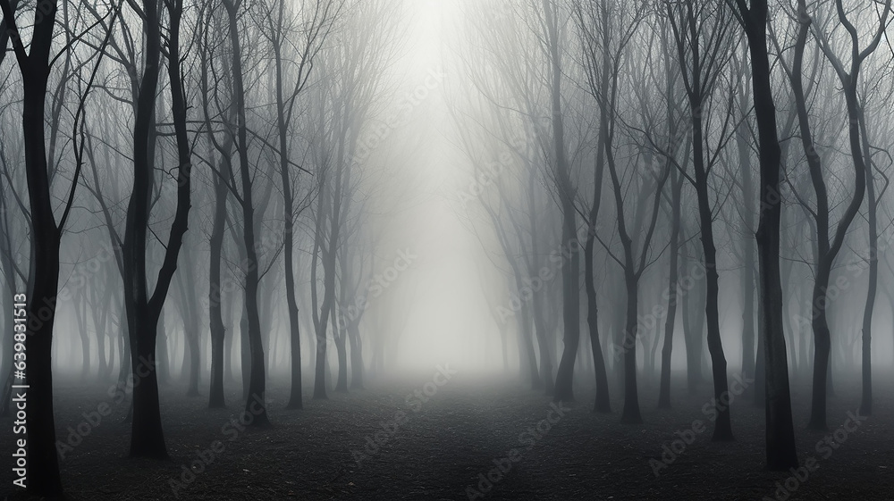 landscape mystical white fog in the autumn depressive forest, sadness loneliness mood landscape mystical white fog in the autumn depressive forest, sadness loneliness mood