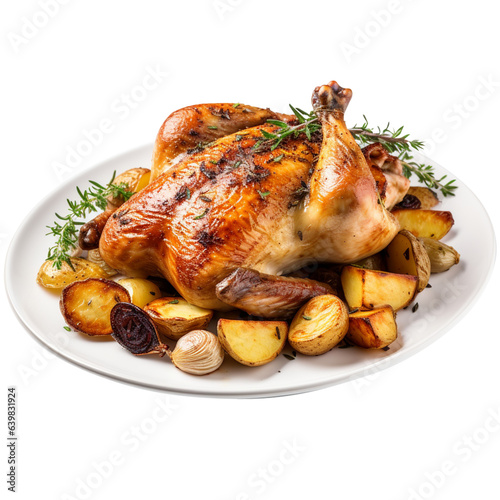 roasted chicken with vegetables on white 
