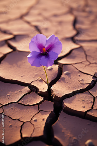 A single flower growing in a crack in the desert