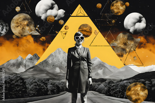 abstract surreal collage of a woman wearing sunglasses pyramid, mountains, clouds and planets photo