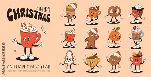Funny Retro cartoon christmas Character in groovy 50s, 60s, 70s Vintage Style. Happy new year mascot with hot coffee, cocoa, gingerbread, cake, cupcake and cookie. Xmas vintage characters.