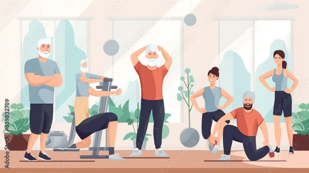 Senior group doing squat exercise with physiotherapist in gym. Elderly men and women having physiotherapy class, rehab course with trainer guide. Elderly people healthy lifestyle generative Ai Senior group doing squat exercise with physiotherapist in gym. Elderly men and women having physiotherapy class, rehab course with trainer guide. Elderly people healthy lifestyle generative Ai
