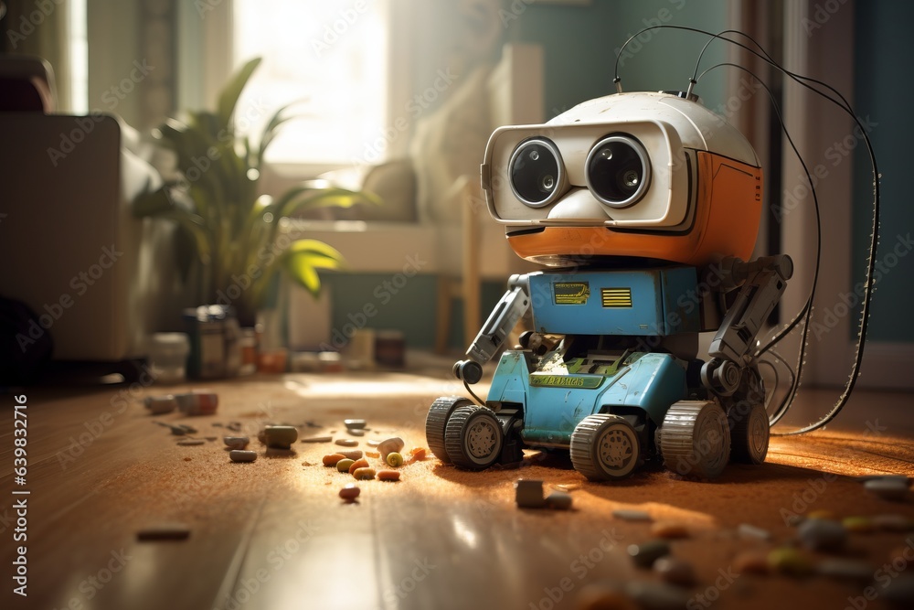 Little robot spilled medicine. Generated AI. Little robot spilled medicine. Generated AI.
