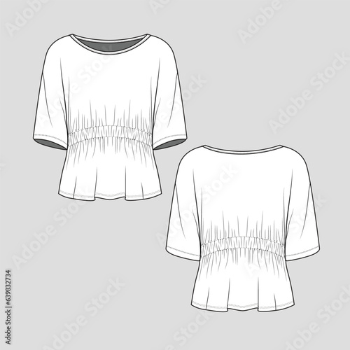 Womens gathered waist loose fit top wide  neck elbow sleeve gathering detail kimono t shirt  blouse  cad flat sketch technical drawing  template  design vector