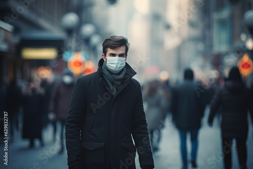 Man with Medical Mask Walking Amidst the Crowd in the city