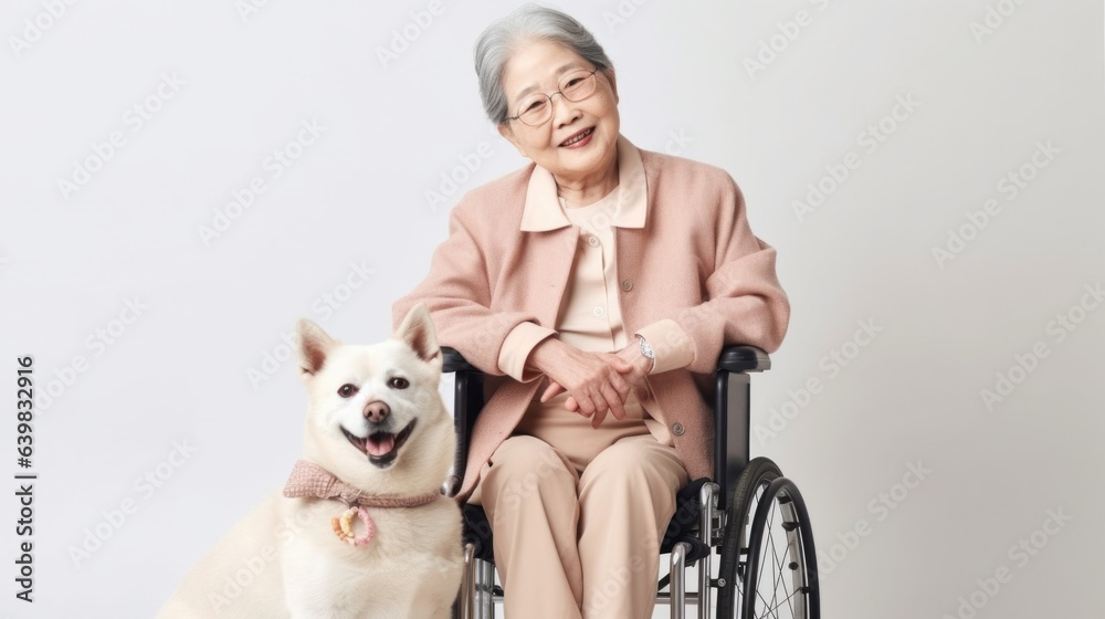 A smiling Asian senior woman with a disability sits confidently in his wheelchair, posing with his faithful dog against a studio background. Generative AI A smiling Asian senior woman with a disability sits confidently in his wheelchair, posing with his faithful dog against a studio background. Generative AI