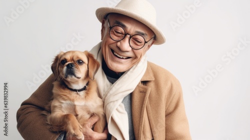 A joyful senior man wearing a stylish hat and his dog pose gracefully against a studio background. Generative AI