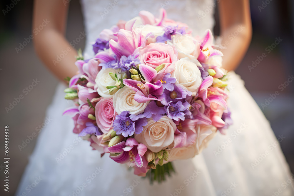 Bridal bouquet: Bride is holding a beautiful flower bouquet, close-up view