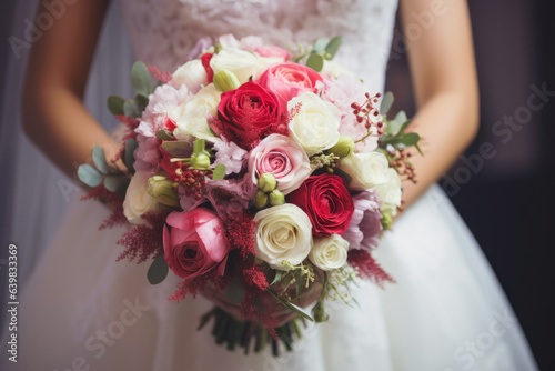 Bridal bouquet  Bride is holding a beautiful flower bouquet  close-up view