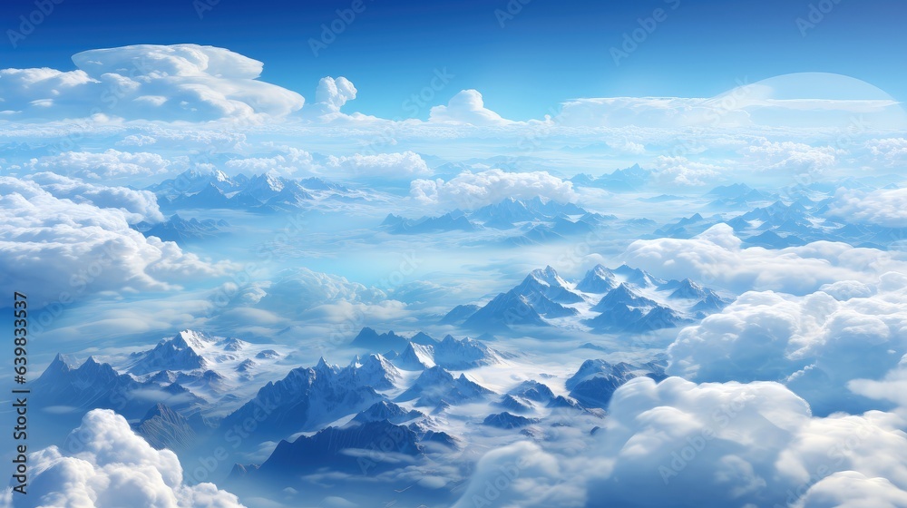Fototapeta premium Aerial view White clouds in sky. Top. View from drone. Aerial bird's eye. Aerial top view cloudscape. Sky background