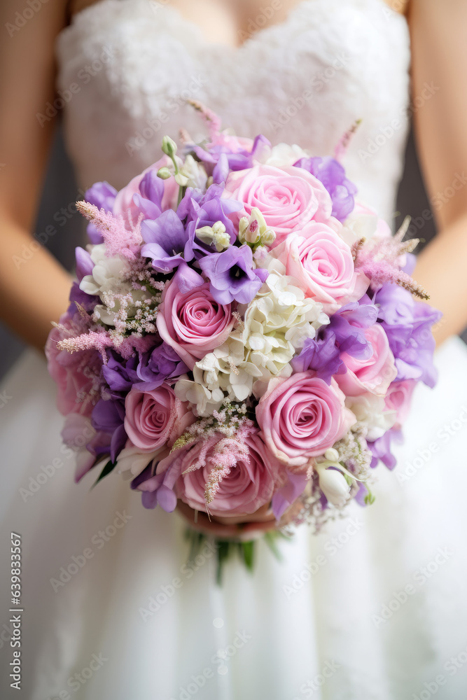 Naklejka premium Bridal bouquet: Bride is holding a beautiful flower bouquet, close-up view
