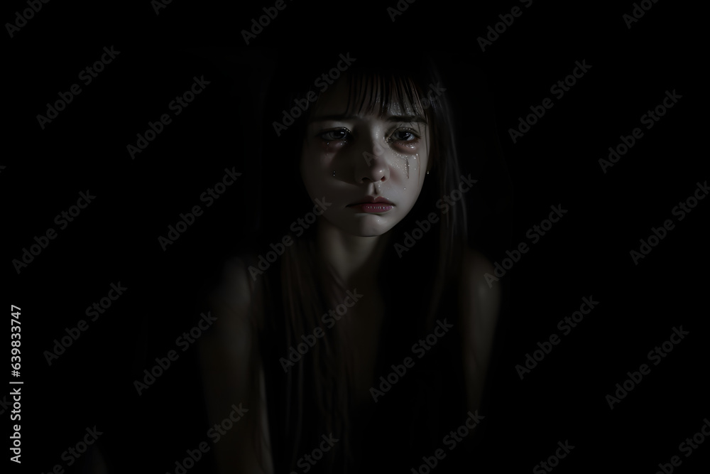 Portrait of a woman looking ashamed, Tears are flowing from her eyes, dark studio background.