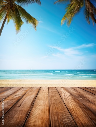 Wooden board on tropical beach. Sand and blue sky with palm leaf. Summer rest background © Interior Design