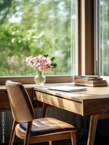 Wooden chair and desk near window. Interior design of modern home workplace