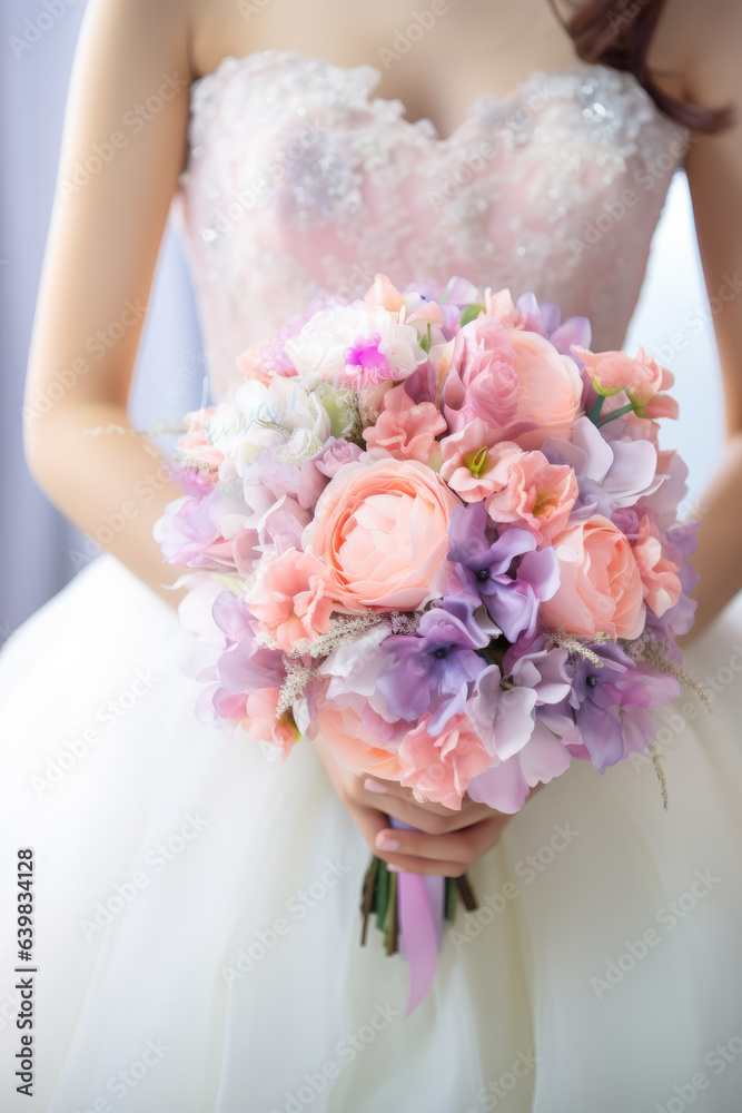 Naklejka premium Bridal bouquet: Bride is holding a beautiful flower bouquet, close-up view