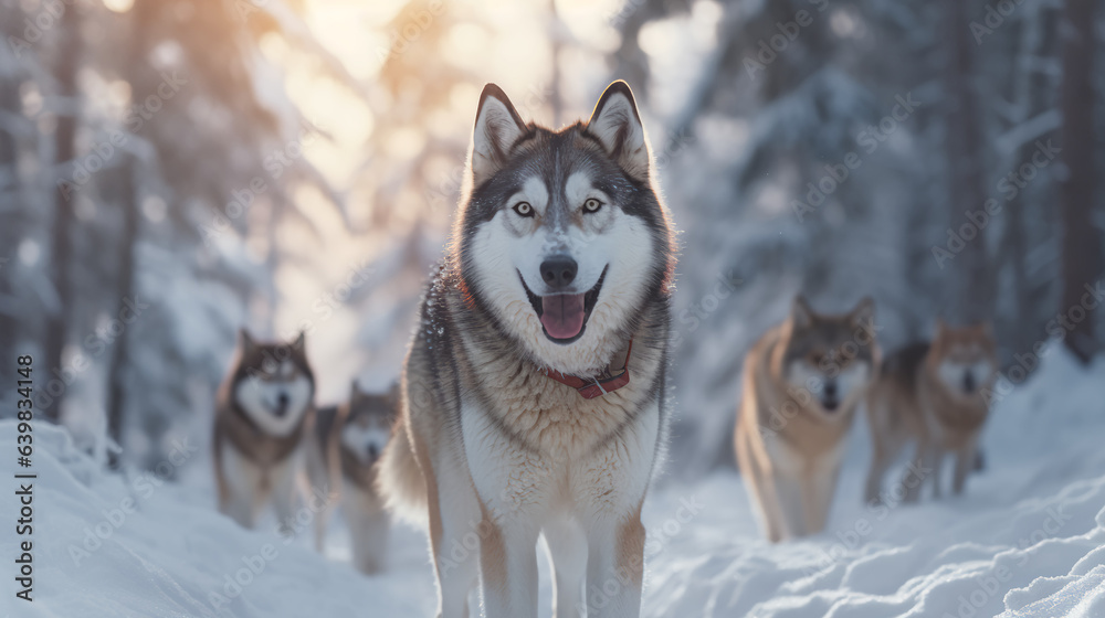 A majestic and powerful Siberian Husky leading a team of sled dogs through a snowy winter wonderland.