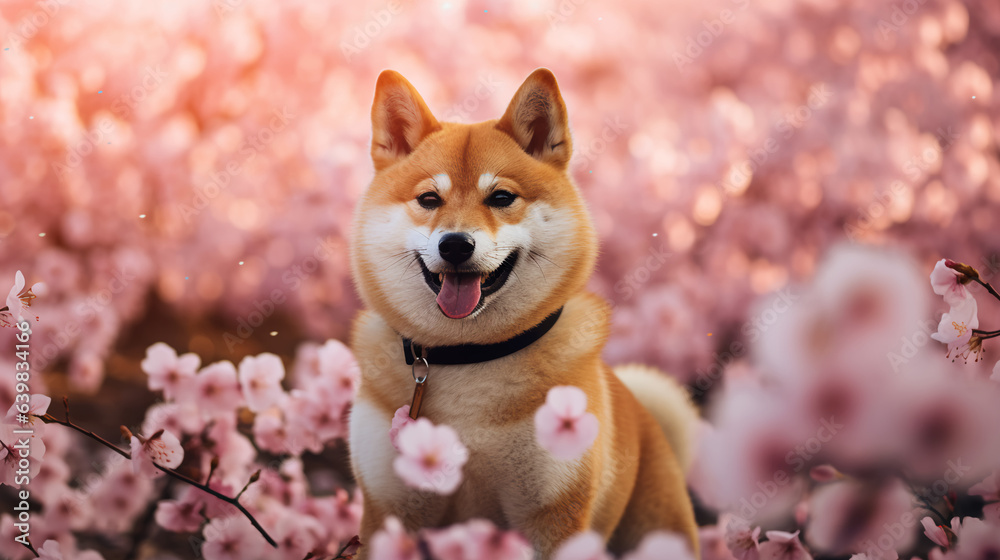 A calm and serene Shiba Inu sitting gracefully amidst falling cherry blossom petals, embracing the beauty of nature. A calm and serene Shiba Inu sitting gracefully amidst falling cherry blossom petals, embracing the beauty of nature.