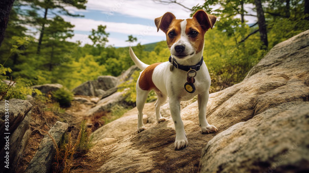 A curious and adventurous Jack Russell Terrier exploring a scenic hiking trail with its owner. A curious and adventurous Jack Russell Terrier exploring a scenic hiking trail with its owner.