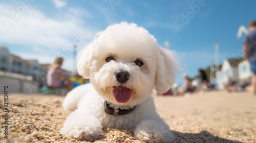 A charming and affectionate Bichon Frise enjoying a day at the beach, basking in the warmth of the sun. © kian