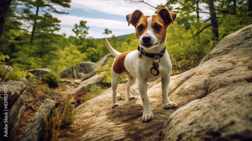 A curious and adventurous Jack Russell Terrier exploring a scenic hiking trail with its owner.