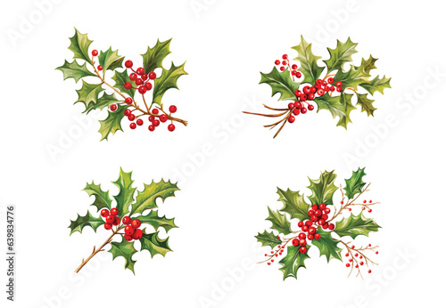 Watercolor winter symbol holly branch with green leaves and red berries. Merry christmas celebration clip art. photo