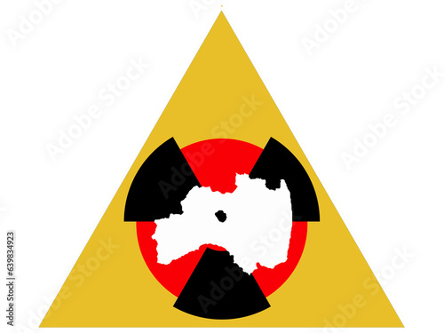 Double exposure of Fukushima, Japan on a map with nuclear radiation warning signs and pouring water into the sea. nuclear wastewater. emission. Ecological damage. chemical pollution. environmental