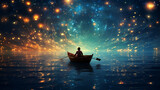 man in a boat sea and starry sky at night with reflection, dream sleep picture in imagination