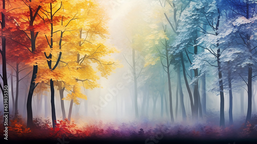 a row of colorful trees in a fantastic landscape of the forest rainbow spectrum autumn in a fairy tale © kichigin19