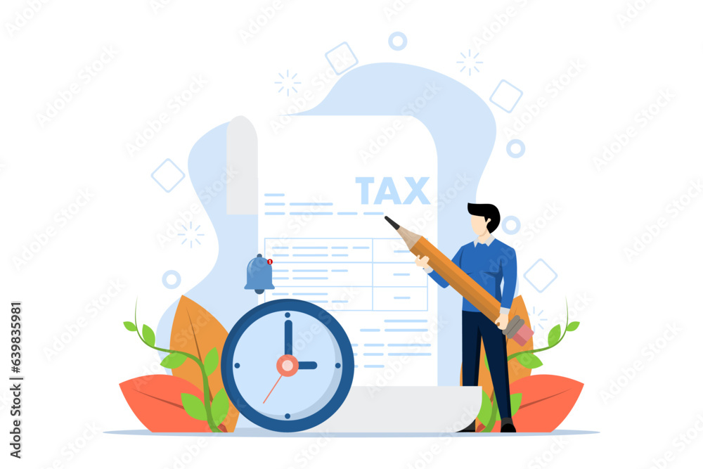 concept of tax time reminder, income tax planning, government payment date or financial return, income schedule or calculation, businessman holding pencil with tax paper document and clock. concept of tax time reminder, income tax planning, government payment date or financial return, income schedule or calculation, businessman holding pencil with tax paper document and clock.