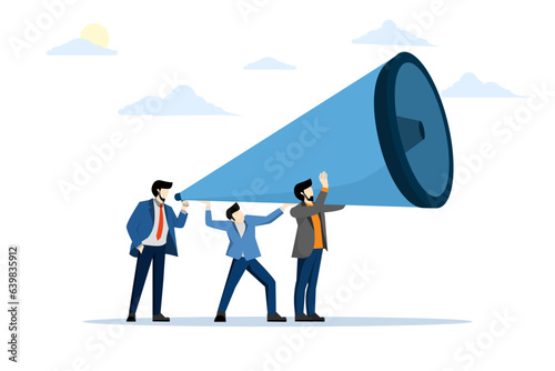 marketing communication concept, announcing promotion or communicating with employees, community or organization speech, loud voice or announcement, PR businessman shouting on megaphone.