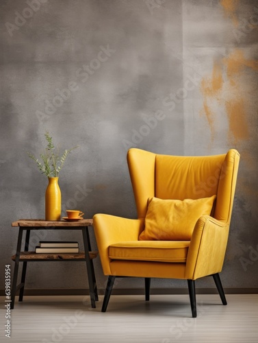 Yellow wing chair and coffee table near beige grunge stucco wall. Interior design of modern living room