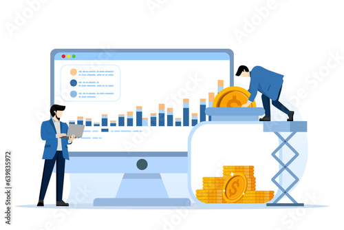 business Financial investment and money saving concept, People character collecting and putting coins into savings jar. The concept of financial management, savings and development of savings.