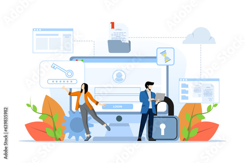 cloud server technology concept, storage backup system and business document management service with administrator and developer team work, storage backup, cloud server service, document management.
