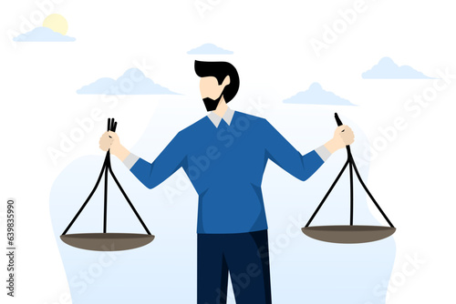 concept of profit and loss comparison, integrity or honest truth, pros and cons or measurement, judgment or ethics, decision or balance, businessman comparing scales to be equal, fair measurement.