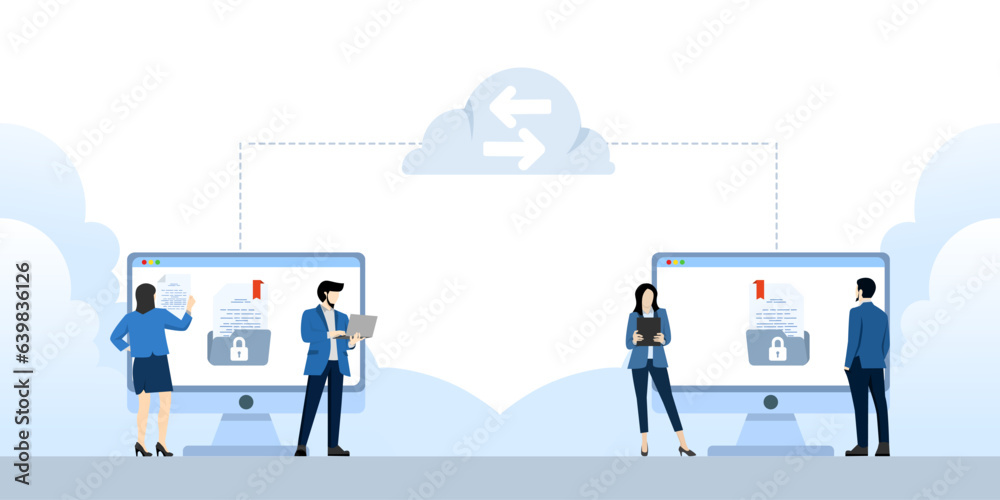 Business technology cloud storage concept, cloud server service with administrator and developer workstation concept, People with cloud data concept. Services for storing and sharing information. Business technology cloud storage concept, cloud server service with administrator and developer workstation concept, People with cloud data concept. Services for storing and sharing information.