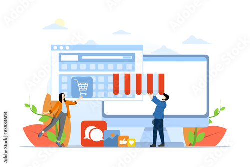 concept designer and development team create shop or online shop. Build your online shopping store. People working on web design for laptop computer screen, flat vector illustration.