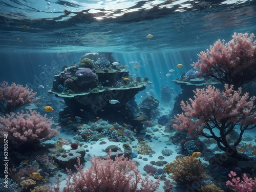 A sun-drenched coral reef in the tropical sea