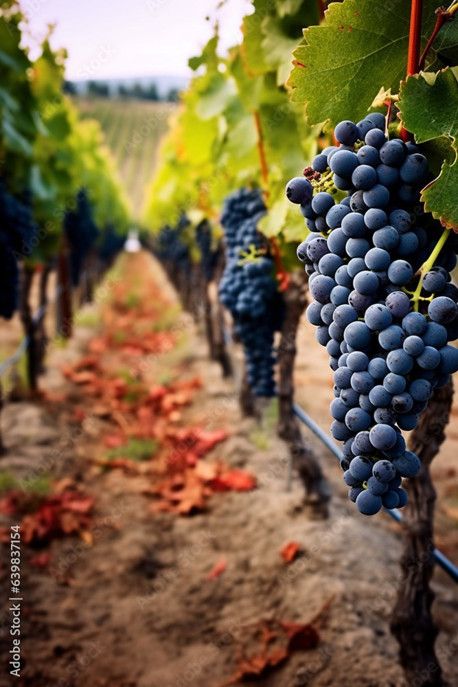 Obraz premium Bunch of grapes in the garden at sunset