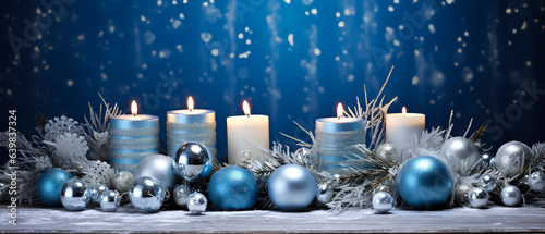 Blue Christmas composition with candles  decoration  lights  bokeh. Merry Christmas and New Year background.Holidays blue template.Generative ai
