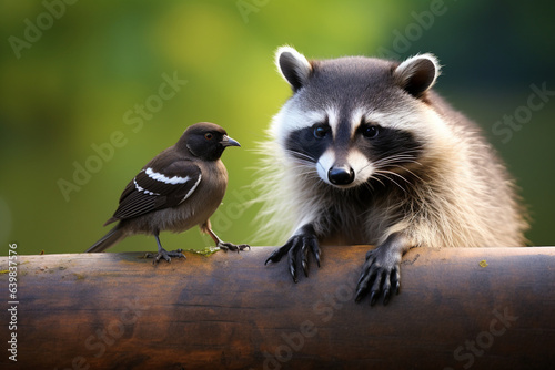 A curious raccoon and a clever crow collaborating on a task, love 
