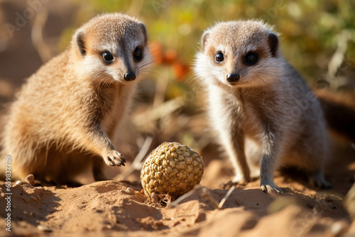 A watchful meerkat and a playful mongoose engaging in a lively game, love 